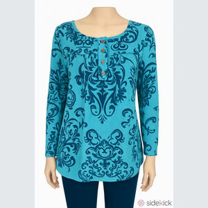 Women’s M casual teal navy blue top tunic shirt scoop neck long sleeves